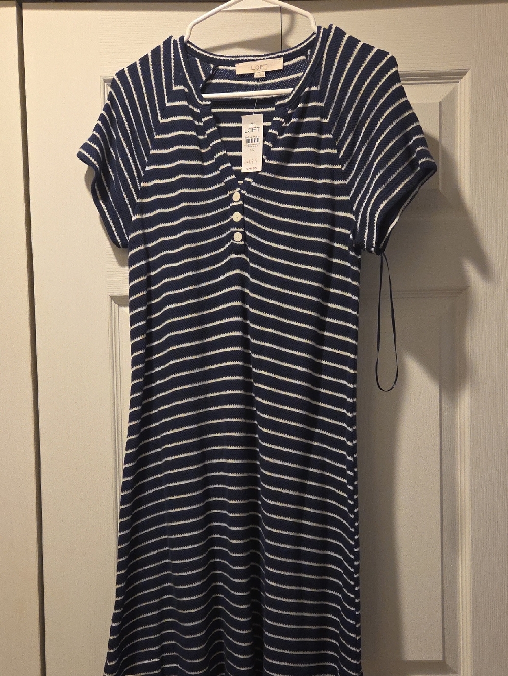 LOFT Navy & White Striped Henley Midi Dress